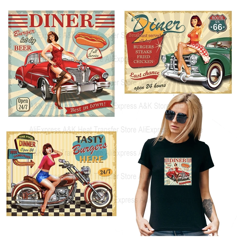 Heat Transfer Retro Car Pick-up SexGirl Sticker T-shirt Thermal Patches Decal DIY Europe Beauty Dinner Accessory Badages