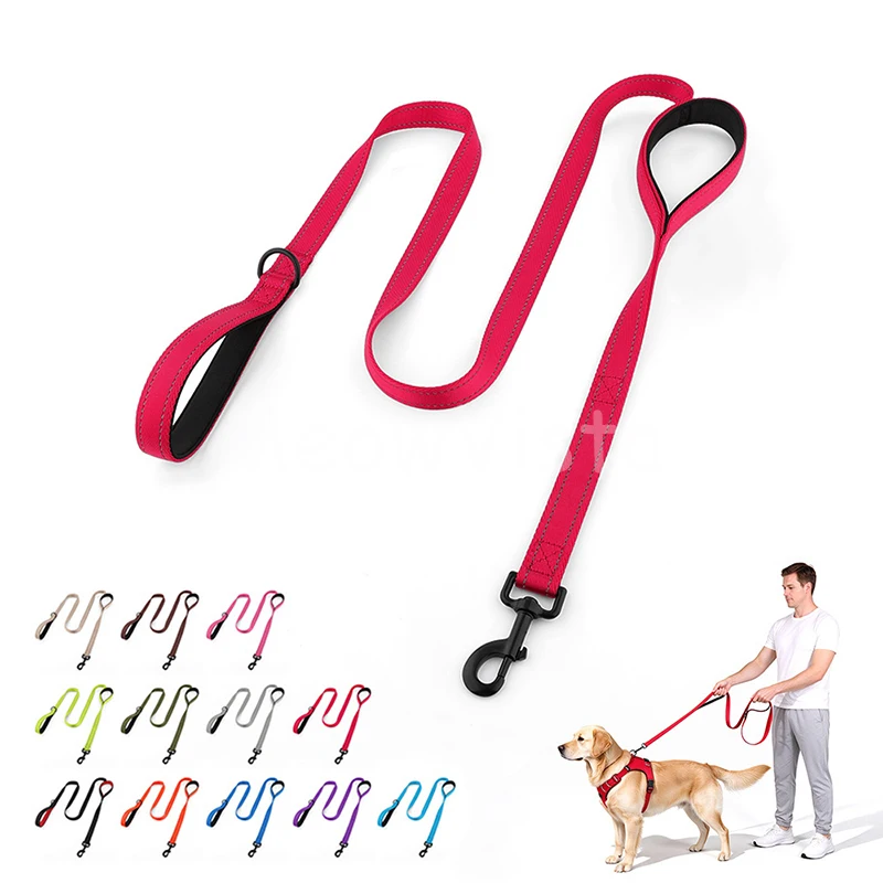 Heavy Duty Double Handle Dog Training Leash Reflective Soft Padded Nylon Walking Lead Pet Traction Rope for Medium Large Dogs