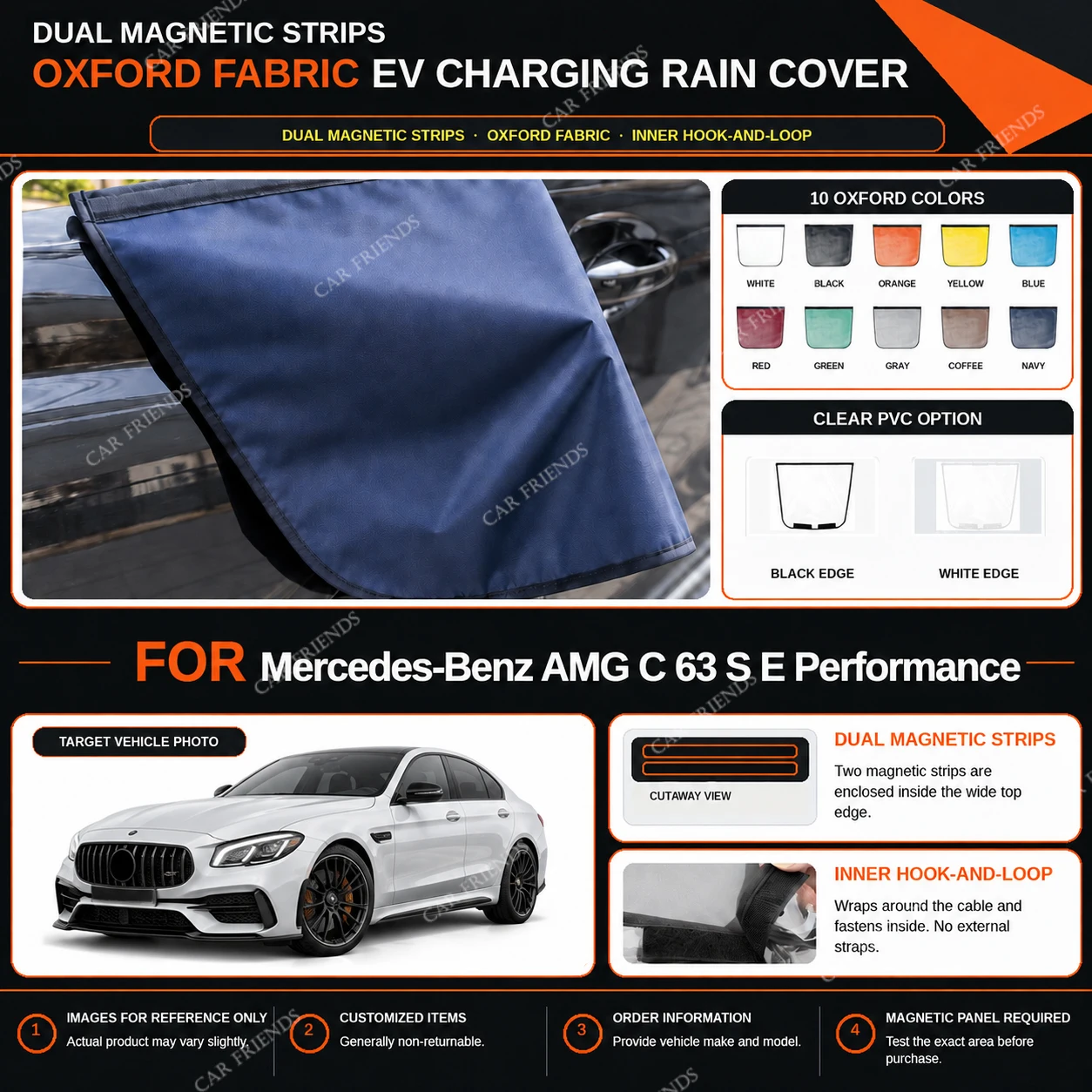 For Mercedes-Benz AMG C 63 S E Performance Oxford Fabric EV Charging Port Rain Cover with Dual Magnetic Strips Water-Repellent
