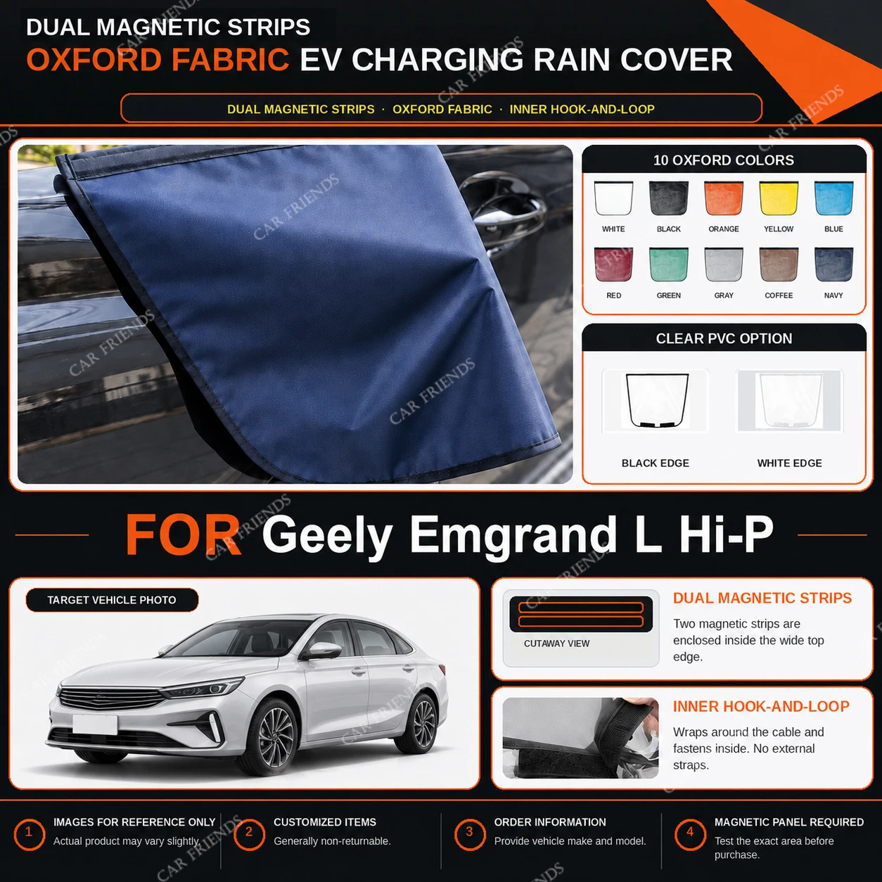 For Geely Emgrand L Hi-P Oxford Fabric EV Charging Port Rain Cover with Dual Magnetic Strips Water-Repellent Outdoor Charging