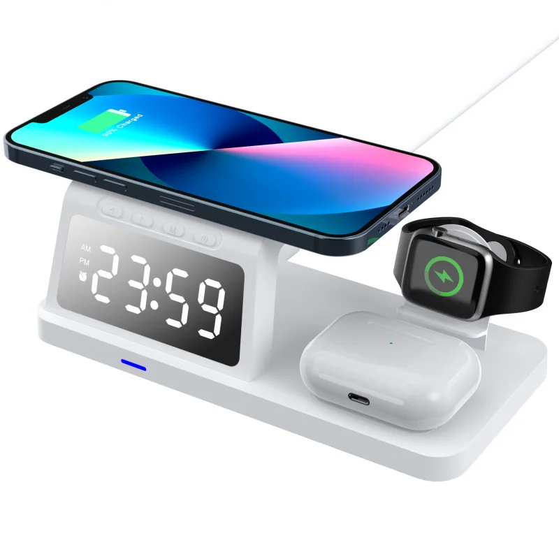 Universal LCD Desk Clock & 3-in-1 Wireless Charger Station, Fast Charging Stand with Alarm for Apple/Huawei Phone Watch Earbuds