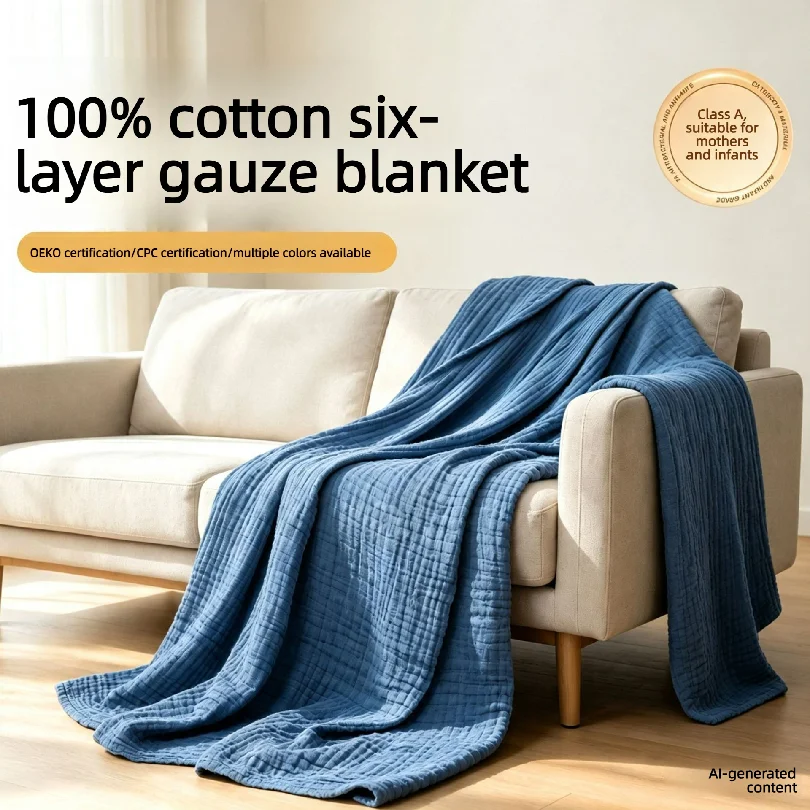 100% Cotton Muslin Blanket,6 Layers Breathable Cotton Throw Blanket for Large  Bed and Couch,Gauze Blanket for Adults All Season