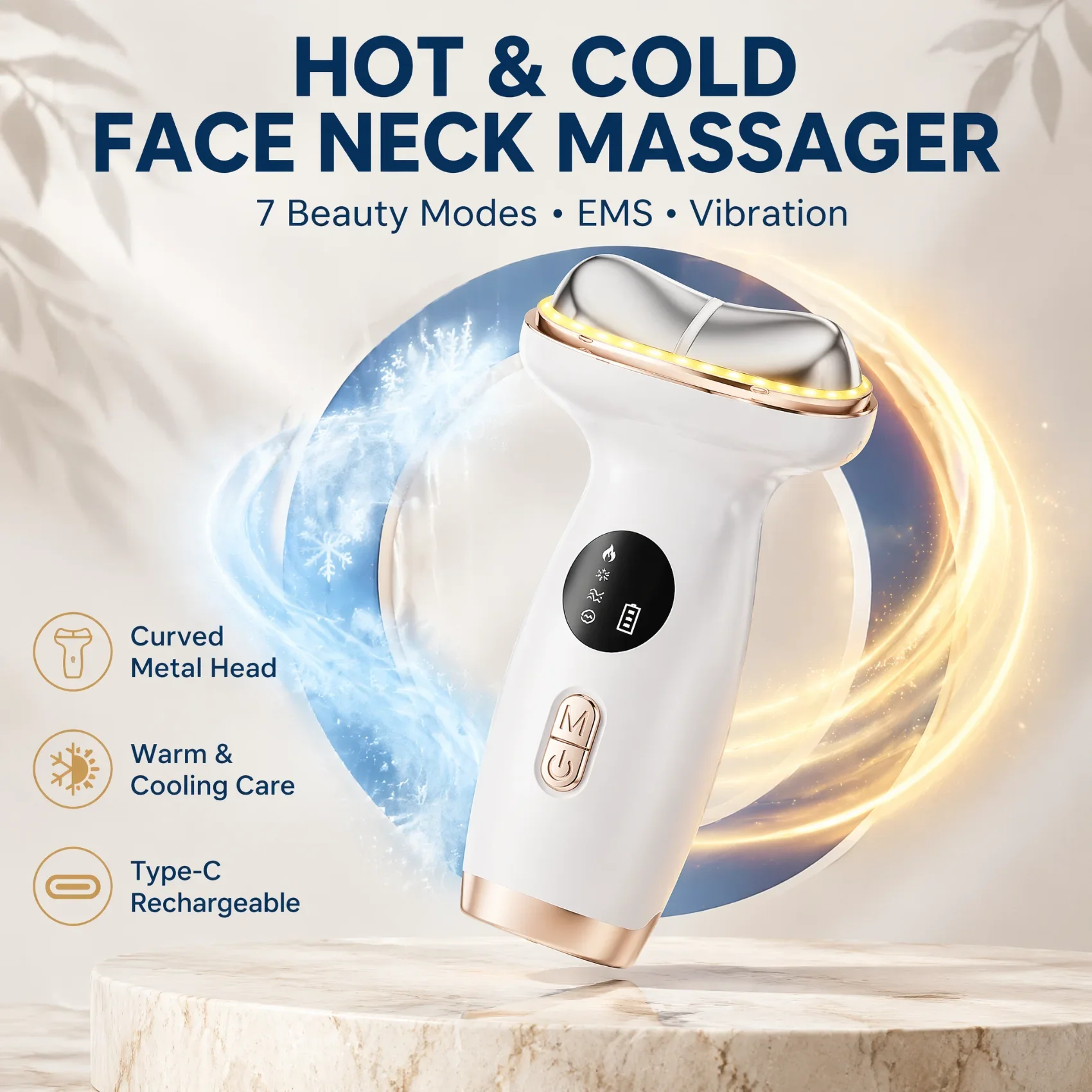 Hot Cold Face Neck Massager 7 Color LED EMS Vibration Beauty Device Curved Head Type C Rechargeable Skin Care Home Spa Tool Gift