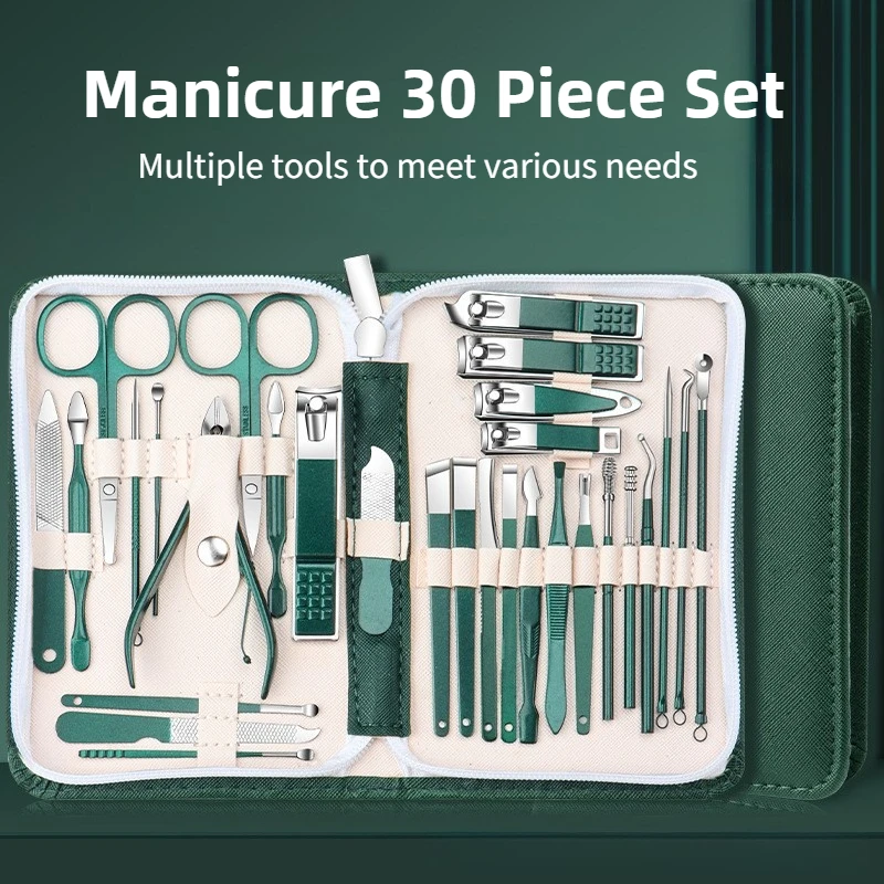30pcs Professional Stainless Steel Nail Clipper Set Green Nail Tools Manicure  Pedicure Set of 30pcs Travel Grooming Kit