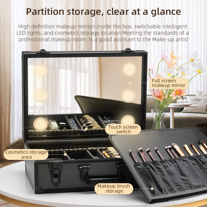 Professional Handbag Cute Makeup Brush Bags Cosmetic case Organizer With Full Led Light Mirror Waterproof Cosmetic Case