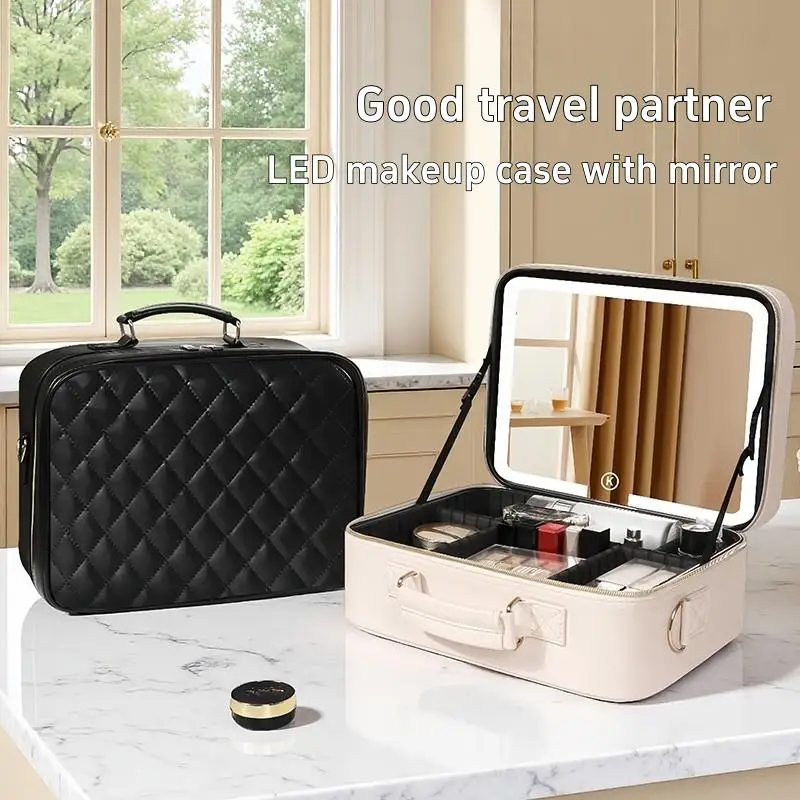 Large Capacity Portable Makeup Bag with LED Light And Mirror Removable Partition PU Leather Cosmetic Storage Case For Travel