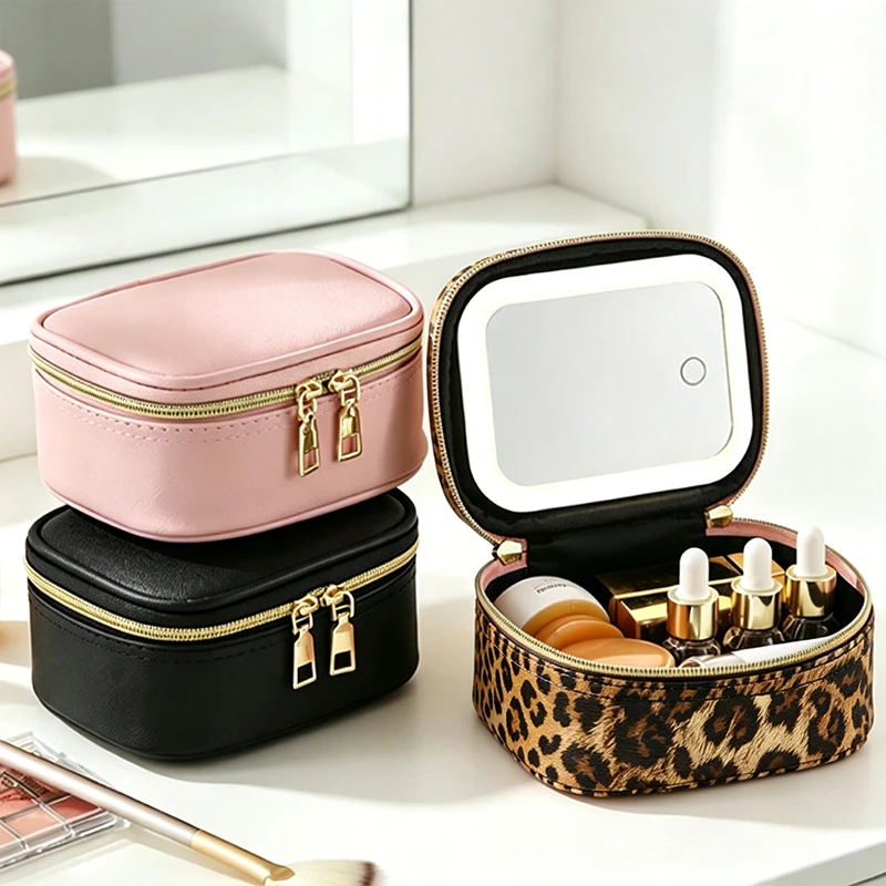 Portable 2 IN 1 LED Makeup Mirror Adjustable 3 Color Lights With PU Leather Storage Makeup Bag Small Travel Cosmetic Organizer