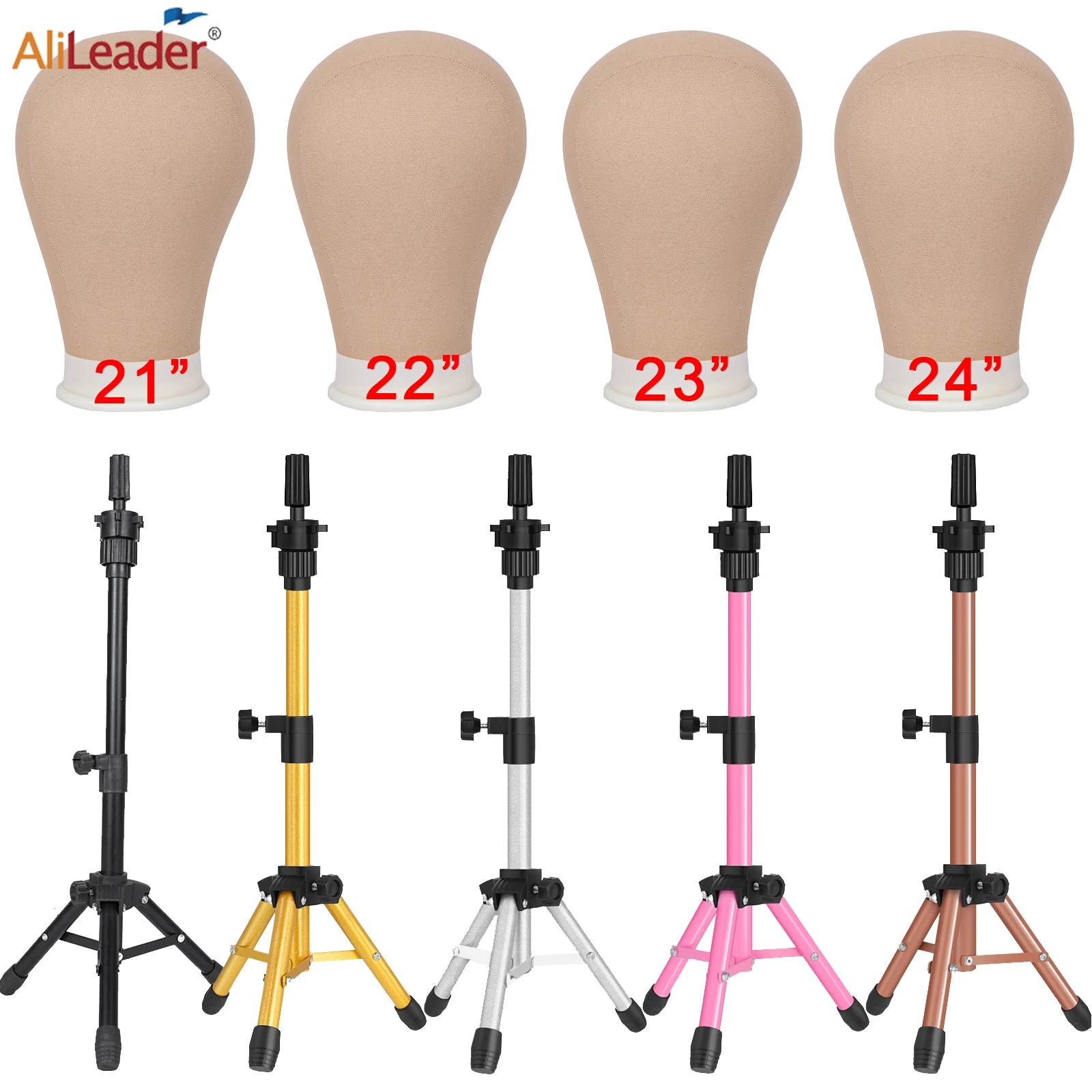 64cm Metal Wig Tripod Stand for Hold Mannequin Head Gold Pink Gray Black Brown Wig Head Stand Wig Installation Kit Set