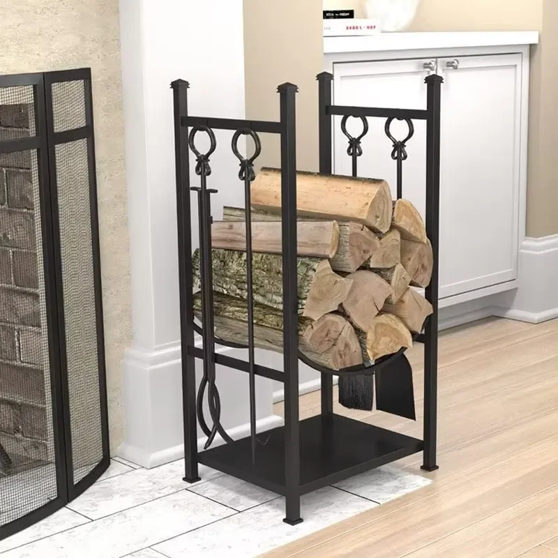 Modern Simple Assembly Metal Floor Standing Firewood Rack Fireplace Tool Holder Log Storage Organizer Home Fireplace Side Use