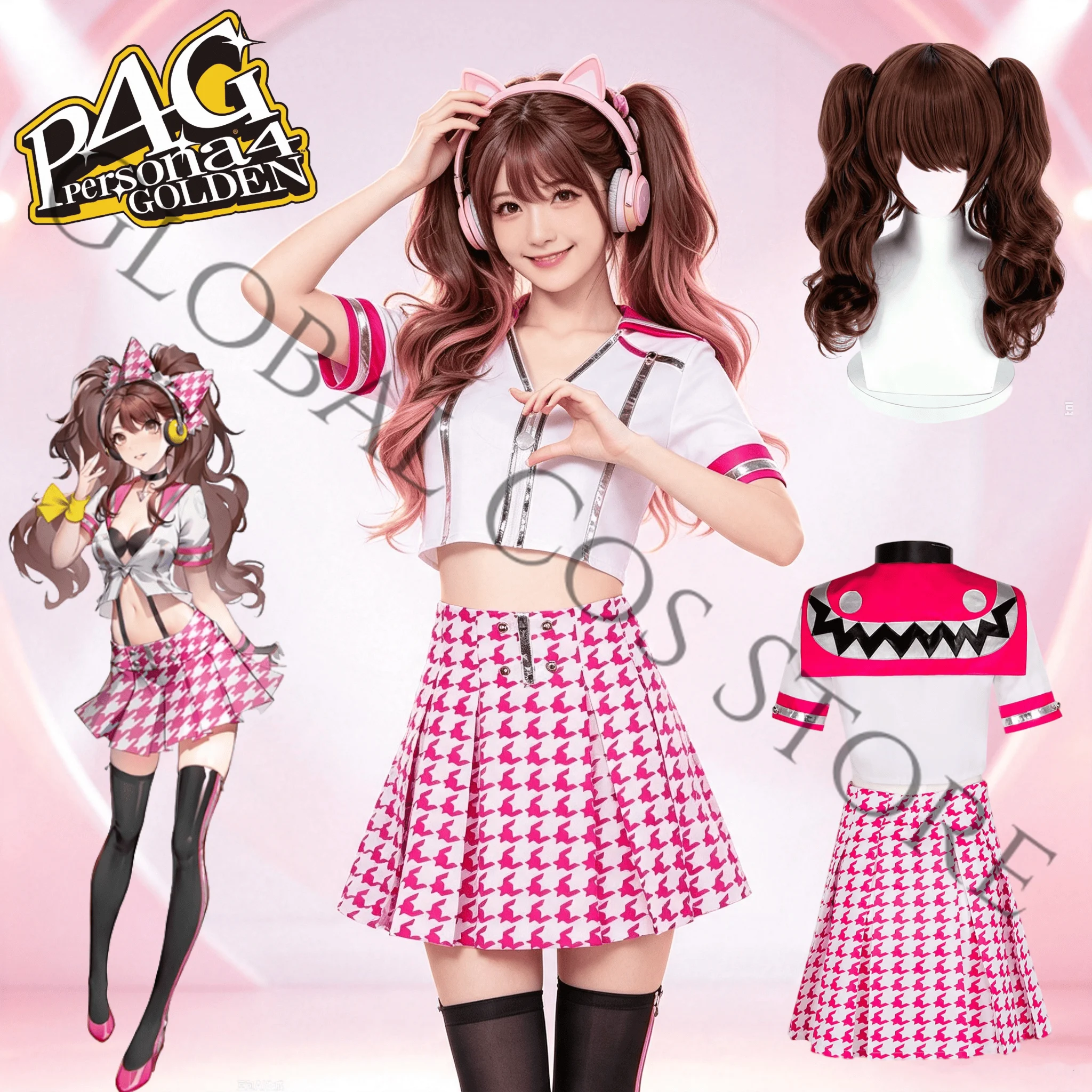 Person 4 Rise Kujikawa Cosplay Costume Wig Pink White Houndstooth Outfit with Top and Skirt for Women Halloween Stage Sexy Suit