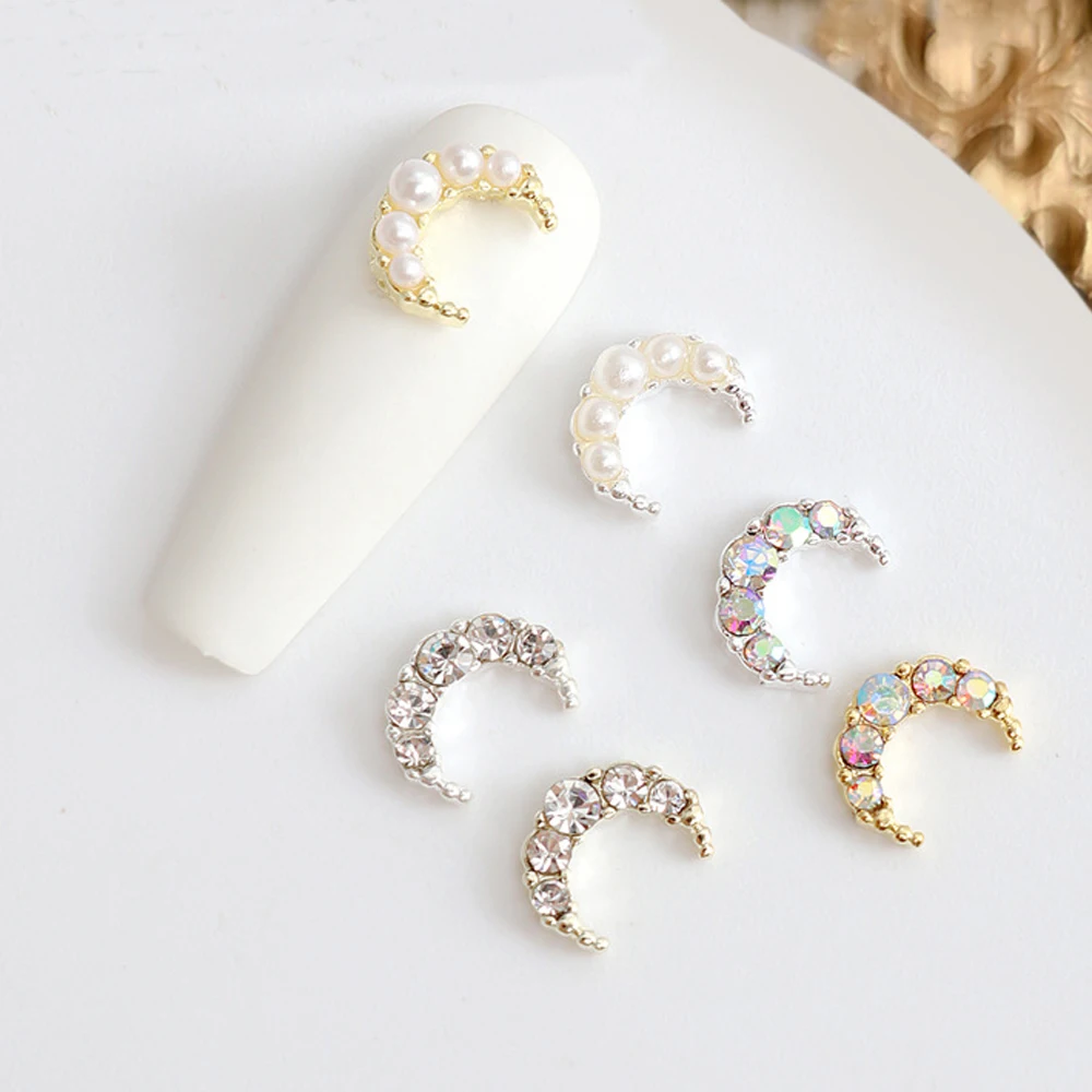 10pcs Alloy Moon Nail Charm 3D Japanese AB White Diamond Pearl Inlaid Crescent Moon Nail Jewelry DIY Luxury Nail Accessories