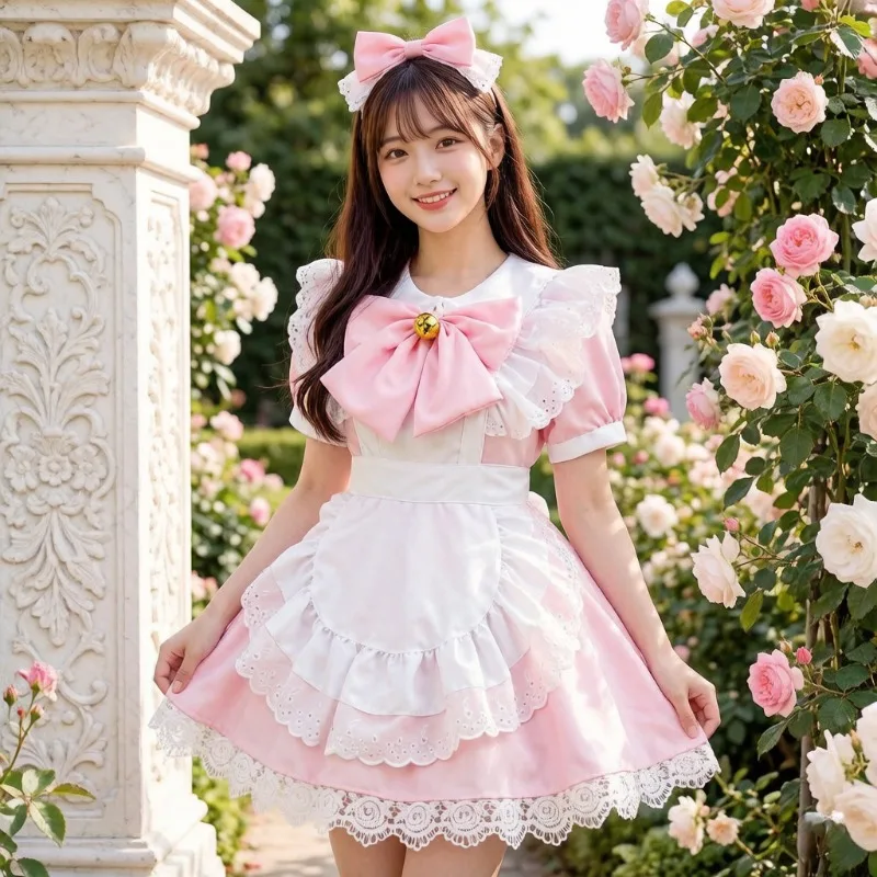 Japanese Cute Lolita Bunny Maid Dress, Black White Waitress Uniform, Sweet Lace Cosplay Princess Party Anime Role Play Outfit
