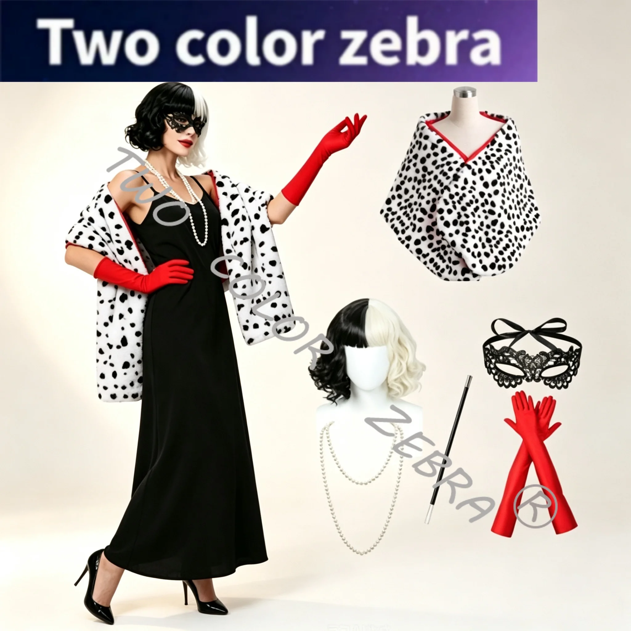 Cruella Deville Cosplay Costume Anime Black and White Witch Cloak Spotted Dog Leopard Print Scarf Wig Gloves Accessories Cos