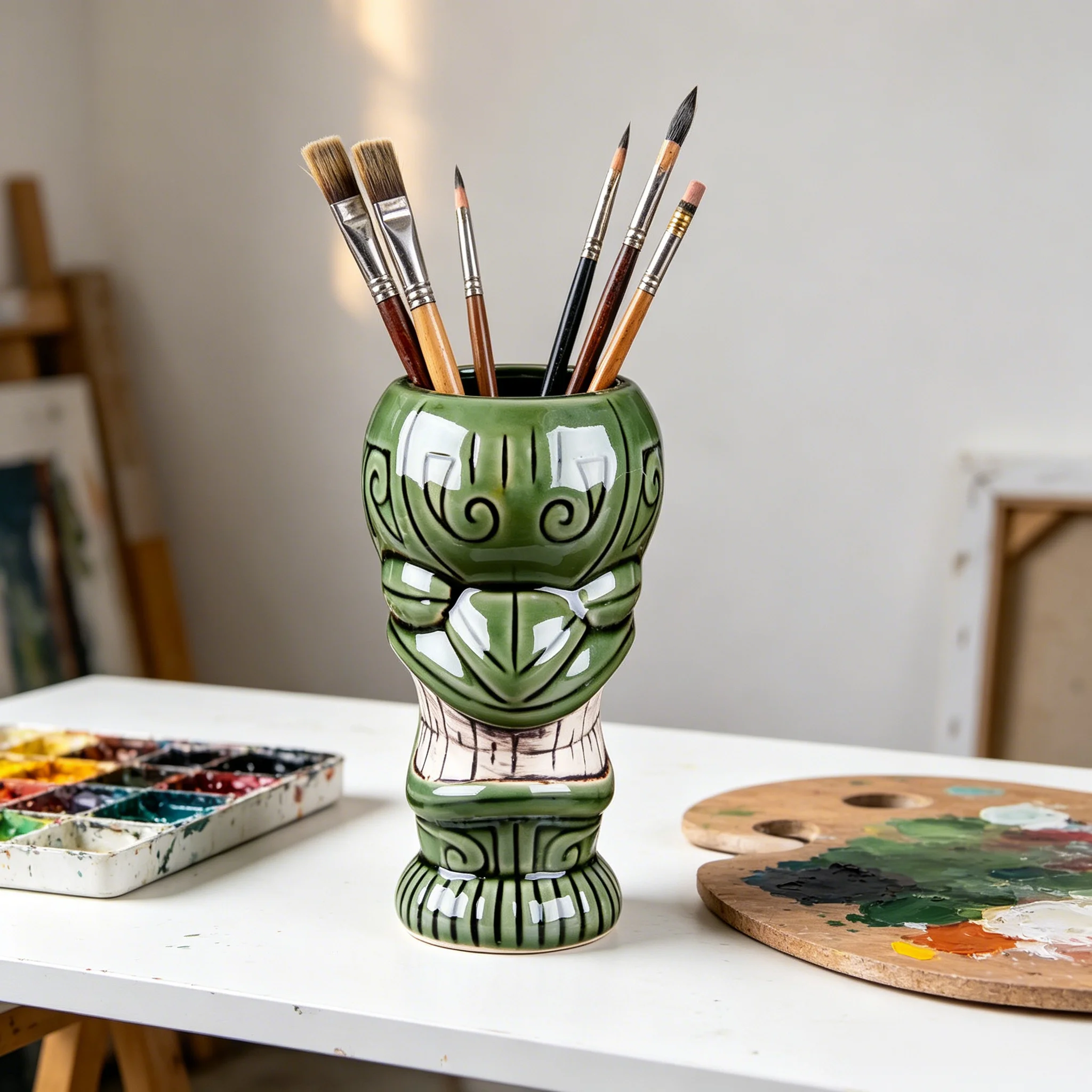 Ceramic Tiki Mug - Versatile Cocktail Cup, Pen Holder, Makeup Brush Organizer & Vase for Home Decor