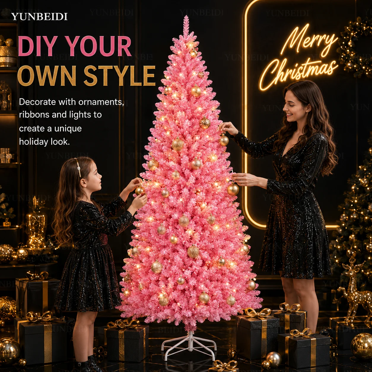 Pink Pencil Christmas Tree Slim Artificial PVC Xmas Tree 120cm-210cm Metal Stand with LED Lights Family Christmas New Year Decor