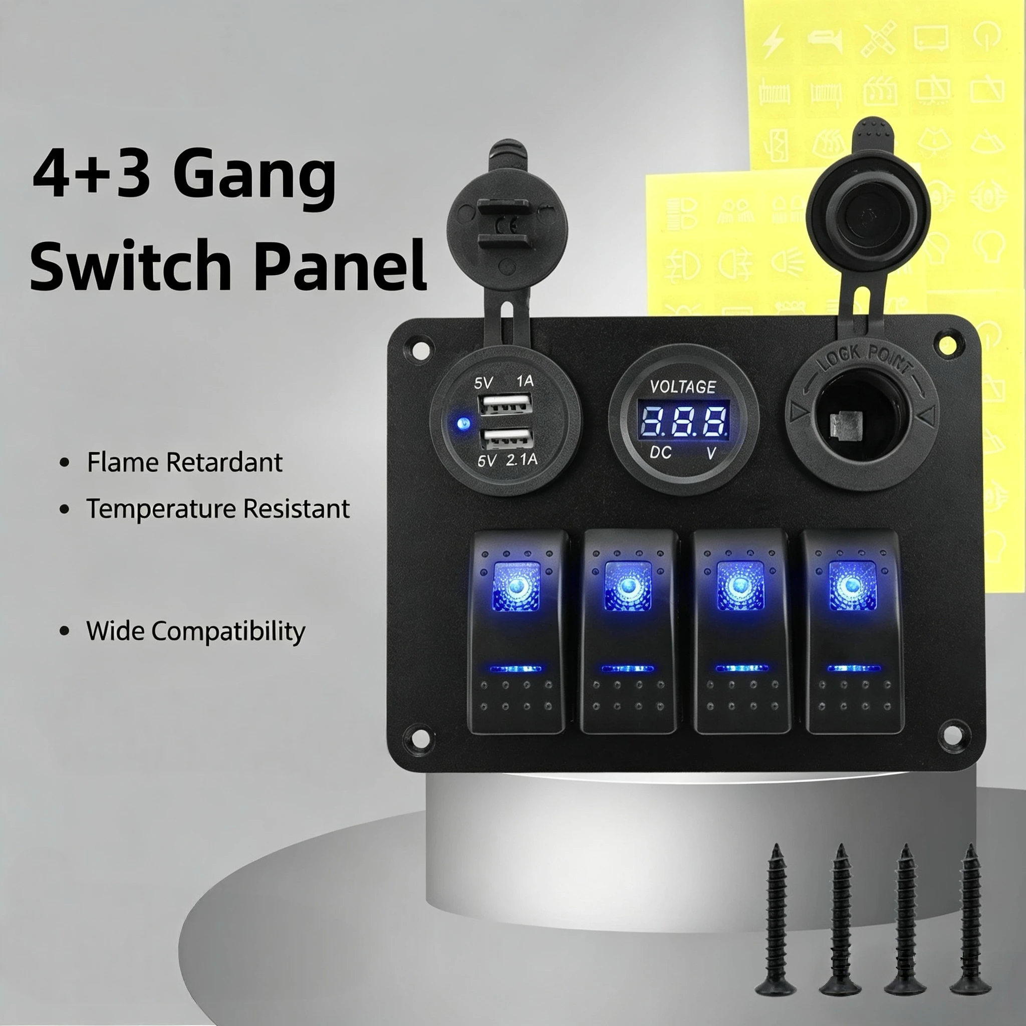 MARINE ACCESSORIES 4+3 GANG ROCKER SWITCH PANEL, 3.1A DUAL USB CAR CHARGER, WATERPROOF DIGITAL VOLTMETER CIGARETTE LIGHTER SOCKE