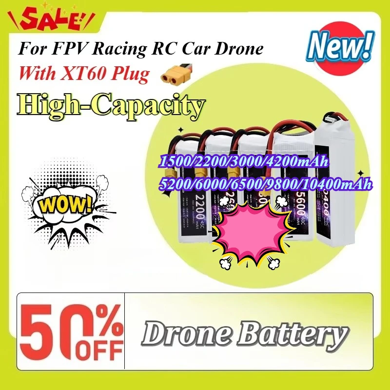 New 4S 14.8V 1500-10400mAh 45C/60C Drone Battery for FPV Racing RC Car Drone with XT60 Plug Drone Accessories