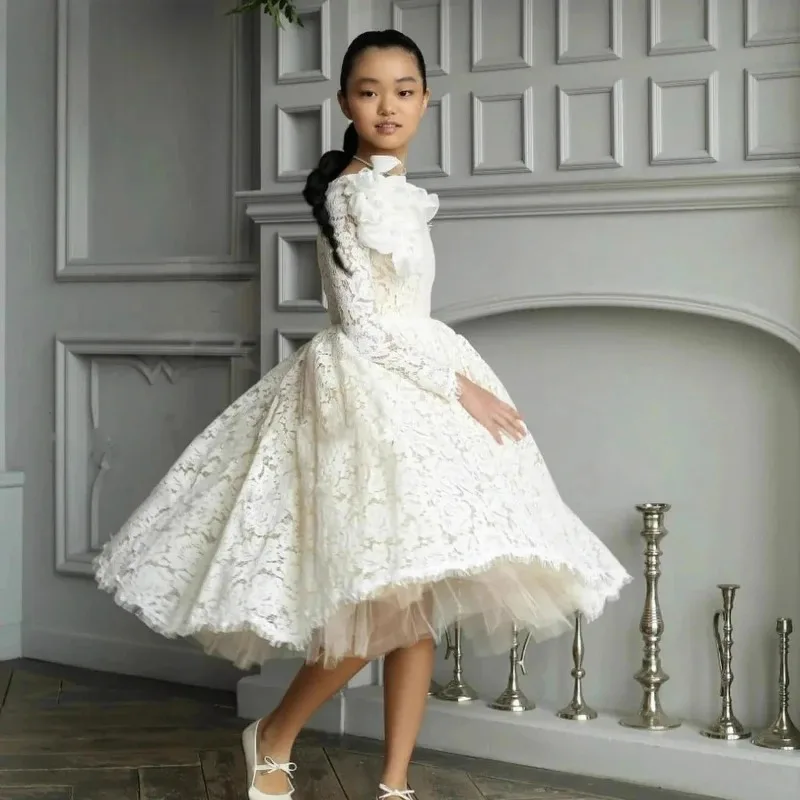 Flower Girl Wedding Dress Children Girls Long Sleeve Princess Party Gown for Host Piano Performance Fashion Show Pageant Dresses