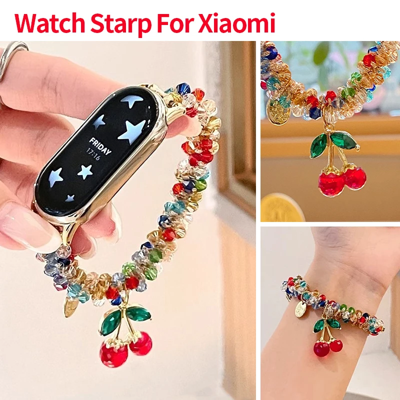 Color Crystal Bead Elastic Strap for Xiaomi Band 8 9 10 Cute Cherry Pendant Bracelet for Redmi Watch 6 5 4 Replacement Wristband