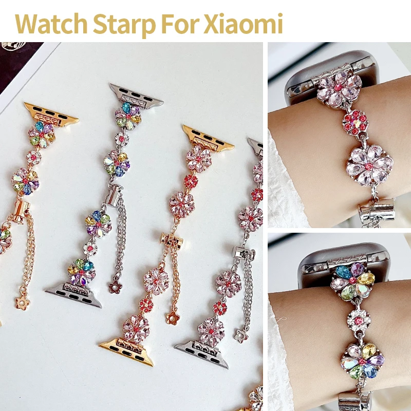 Flower Rhinestone Watch Strap for Mi Band 10 9 8 Sparkling Crystal Bracelet for Redmi Band 6 5 4 Ladies Wristband for Xiaomi S43