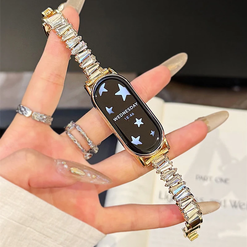 Slim Baguette Rhinestone Strap for Xiaomi Mi Band 11 10 9 8 Pro Women Bracelet for Redmi Watch 6 5 4 Elegant Metal Link