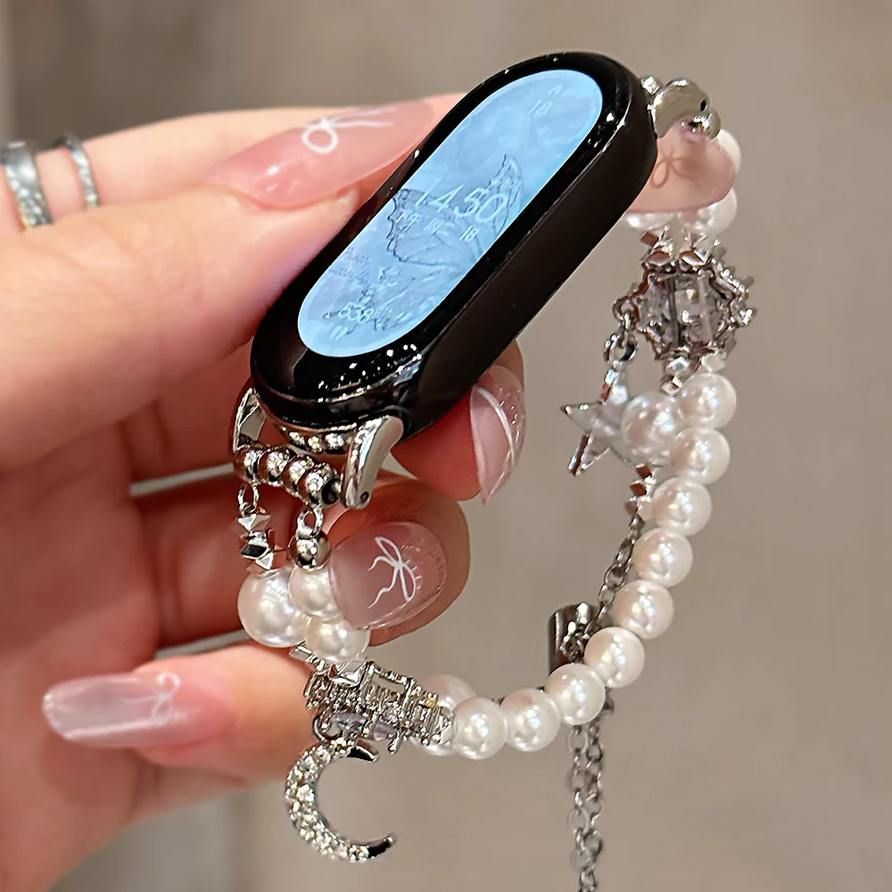 Elegant Moon Star Charm Bracelet for Xiaomi Mi Band 11 10 9 8 Pro Beaded Strap for Redmi Watch 6 5 4 Adjustable Metal Chain