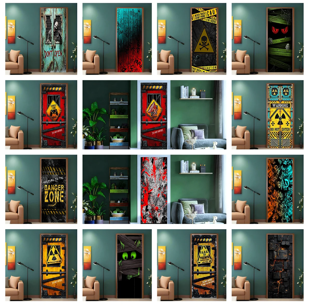 3D Door Mural Sticker Horror Skull Zombie Warning Decal Waterproof PVC Wallpaper For Home Decor Bedroom Living Room Door Poster