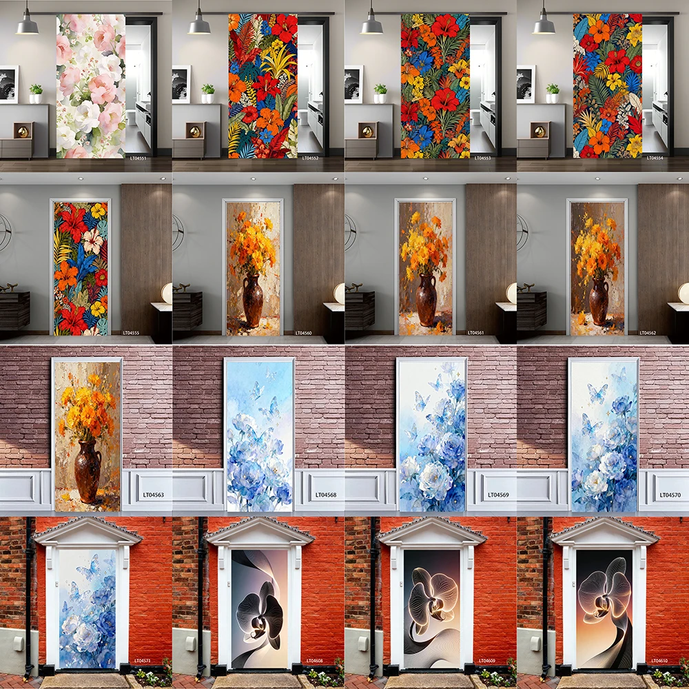 Vintage Floral Vase Door Sticker Watercolor Oil Painting Peel and Stick Self Adhesive Wallpaper Home Decor