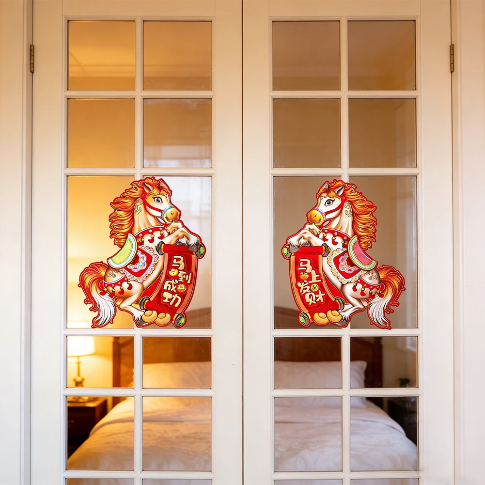 1 Pair 2026 Year of The Horse 3D Flocked Door Stickers Spring Festival Couplets Fu Character Window Decorations DIY Home Decor