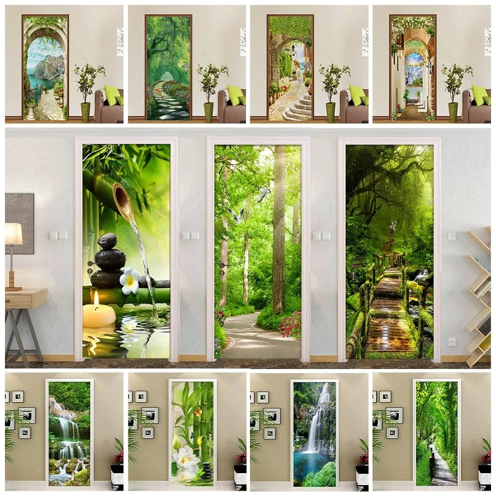 3D Green Plant Bamboo Door Sticker Self Adhesive Forest Palm Tree Bridge Landscape Door Mural Poster Home Decorative Wallpaper