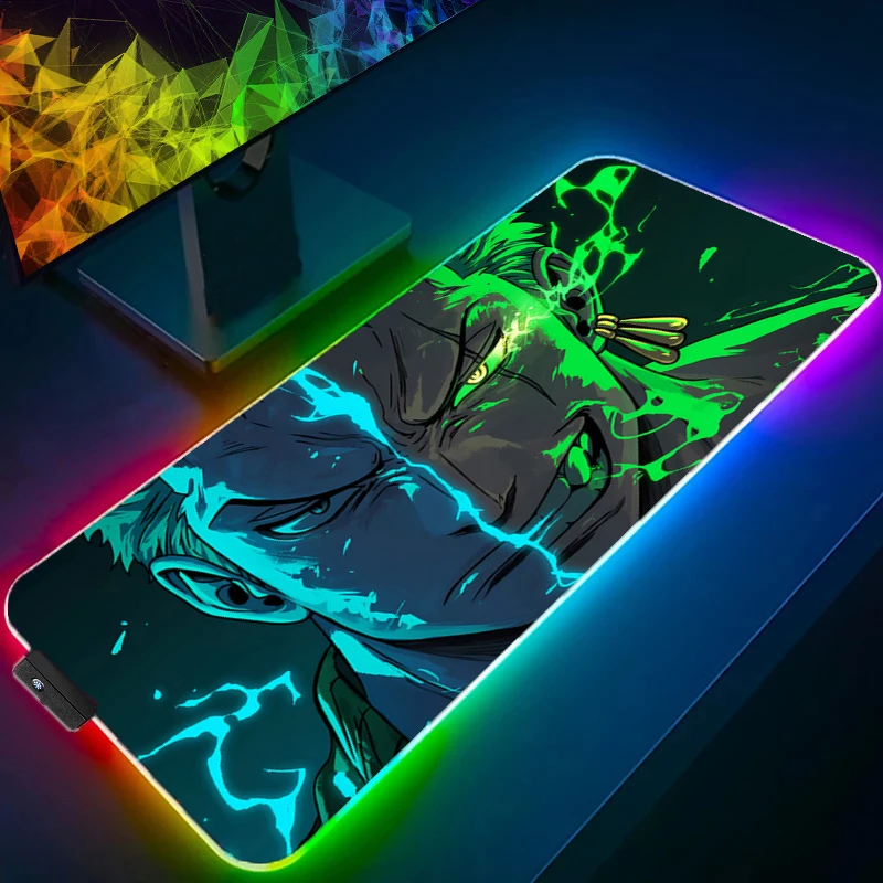 ONE PIECE Zoro Mouse Pad RGB Gaming Accessories Gabinete Gamer PC Computer Desk Mat Backlight Keyboard Tablet Anime Mousepad LED