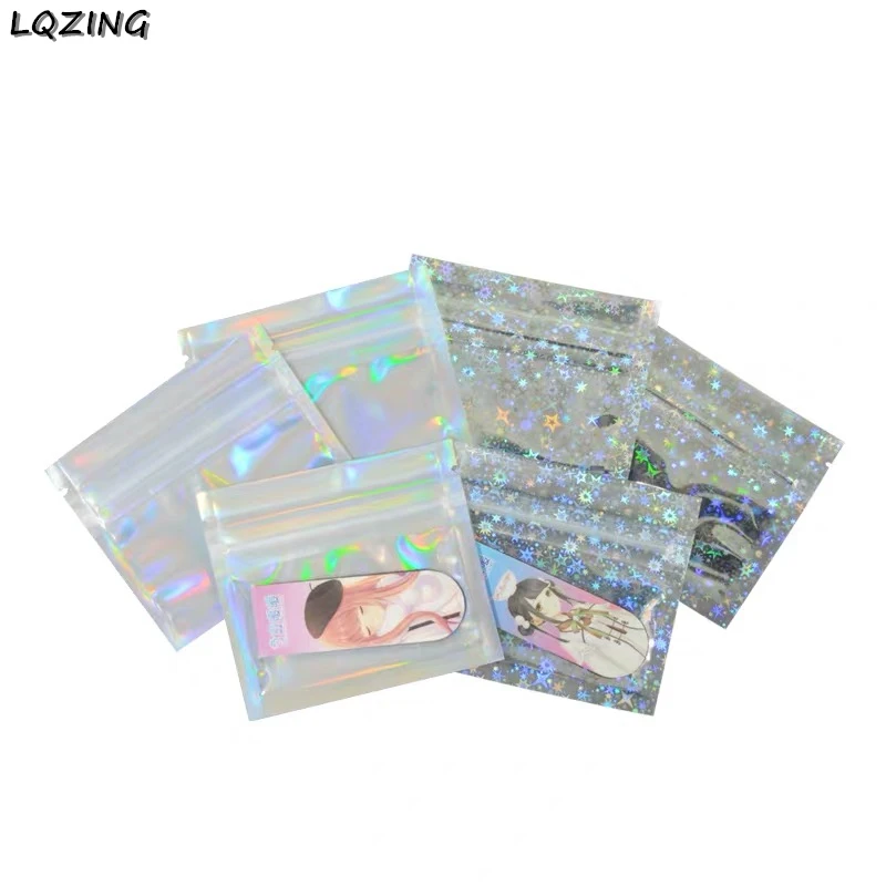50pcs Small 7.5x6.5cm Laser Zip Lock Bags Pouches One Side Clear Holographic Foil Cosmetic Zipper Bag Hang Hook Retail Packing