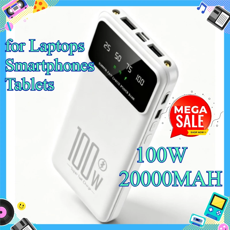 100W Super Fast Charging Power Bank 20000mAh Large Capacity Mobile Power Supply for Laptops Smartphones Tablets
