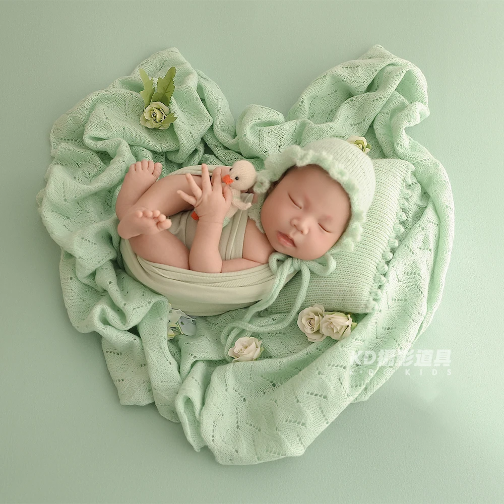 Newborn Photography Props Kit Elastic Wrapping Knitted Hat Pillow Doll Decoration Props Studio 0-1 Month Baby Green Photo Theme