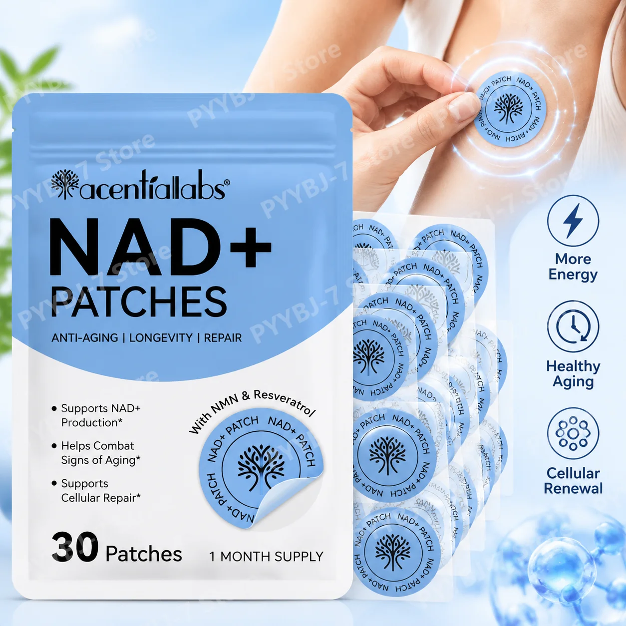 NAD+ Transdermal Patches Boost NAD+ Levels Anti-aging NMN Resveratrol NAC Maintain Cellular Vitality,Cellular Repair 30 Patches