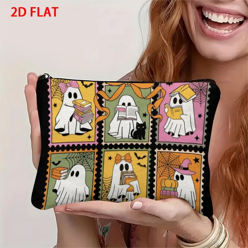 Halloween Reading Ghost Stamp Corduroy Cosmetic Bag Print Zipper Makeup Pouch Large Capacity Travel Storage Bag Women Gifts
