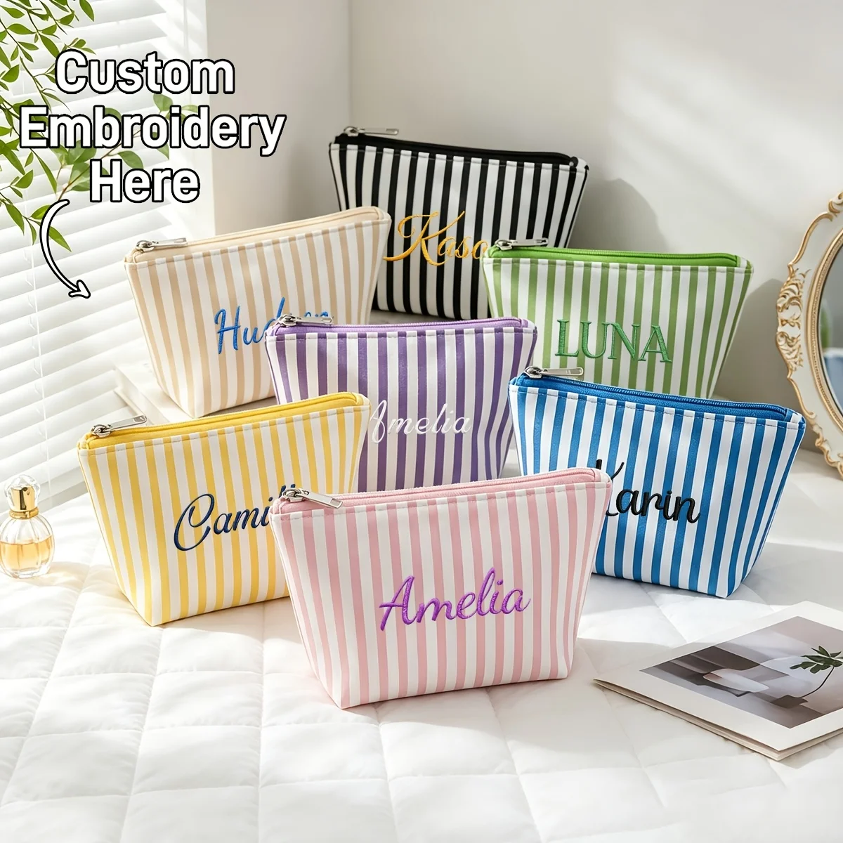 Customizable Embroidered Name Stripe Makeup Bag Fashion Storage Bags Large Capacity Women S Cosmetics and Toiletries Organizer