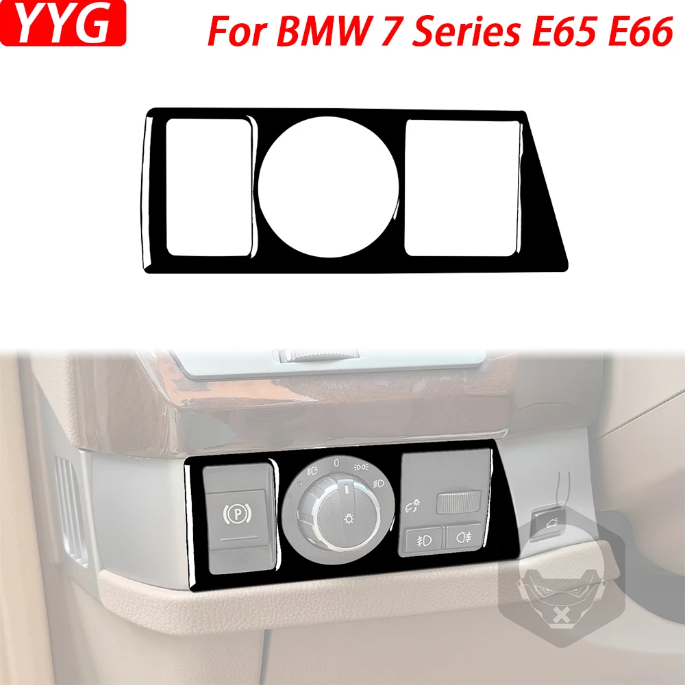 For BMW 7 Series E65 E66 2002-2008 Car Accessories Piano Black Headlight Switch Panel Cover Interior Sticker Modification