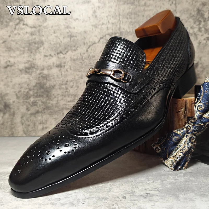 Luxury Brand Men Loafers Shoes Black Wing Tip Slip On Casual Men Dress Shoes Wedding Office Horsebit Leather Loafers Men