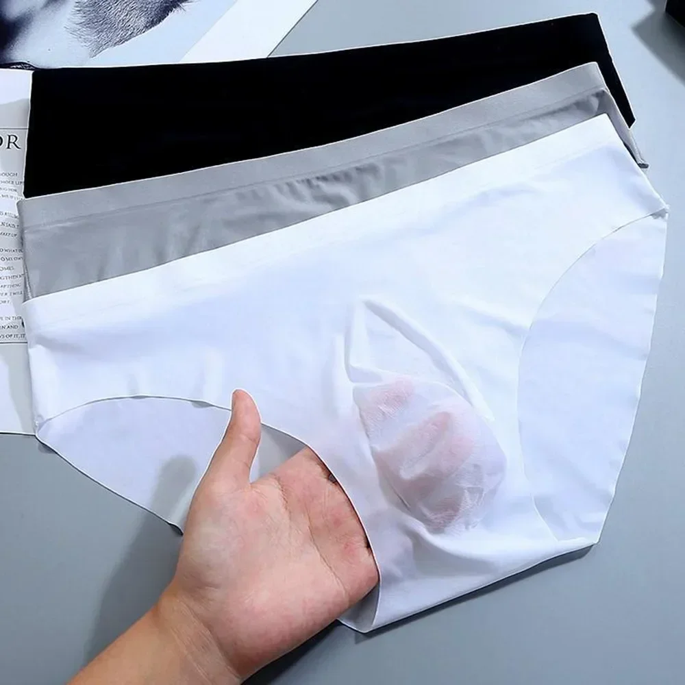 Men's Traceless Ice Silk Sheer Underwear Briefs Shorts Middle Waist Comfortable Soft Bulge Pouch Man Panties