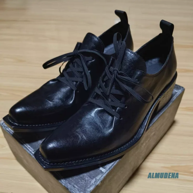 Black Leather Oxford Shoes Men Square Toe Lace Up Block Heel Retro Formal Office Street Outdoor Trendy Versatile Daily Shoes