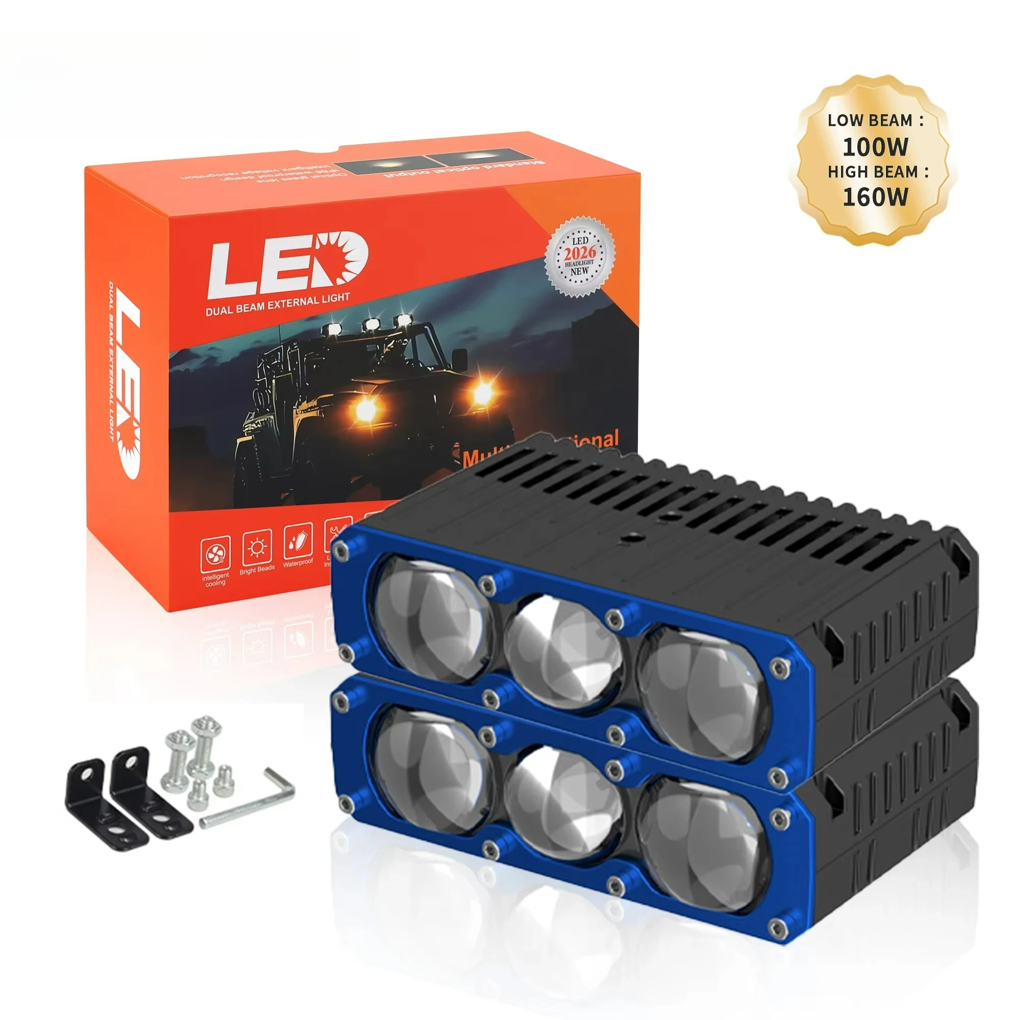 Best-selling triple-lens projector spotlight high/low beam 170W/120W white and yellow dual-color ultra-bright IP68 motor