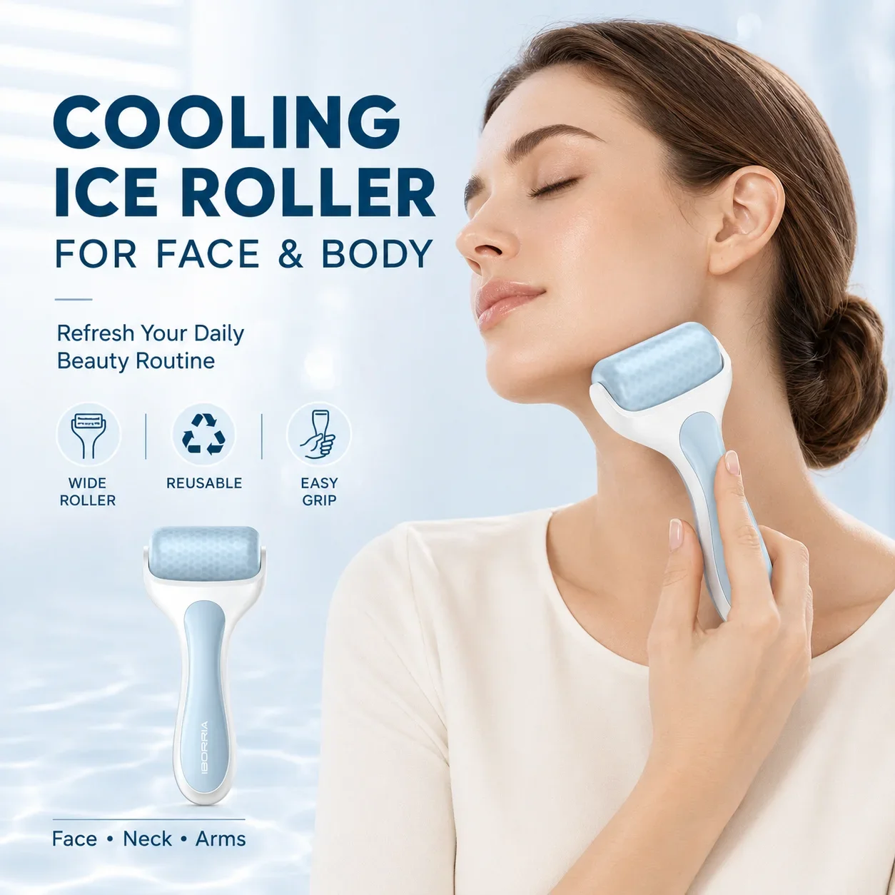 **Reusable Facial Ice Roller for Face Body Cooling Massage 7.5cm Wide Roller Detachable Head Ergonomic Handle Skincare Beauty To