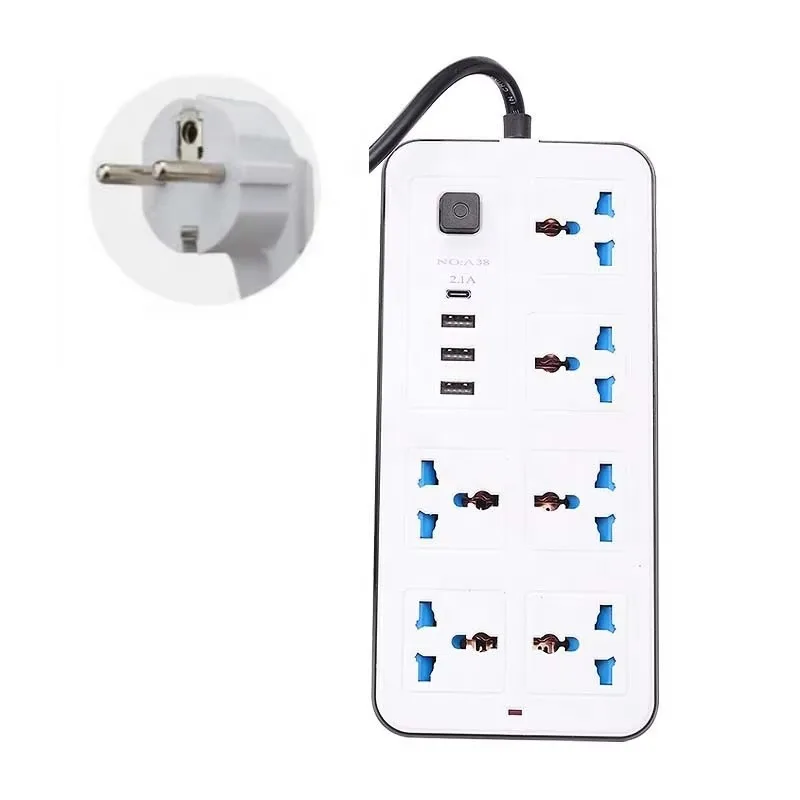 EU Power Strip With 6 Outlet 3 Usb+Type-C Multi Power Strip With Colour Box