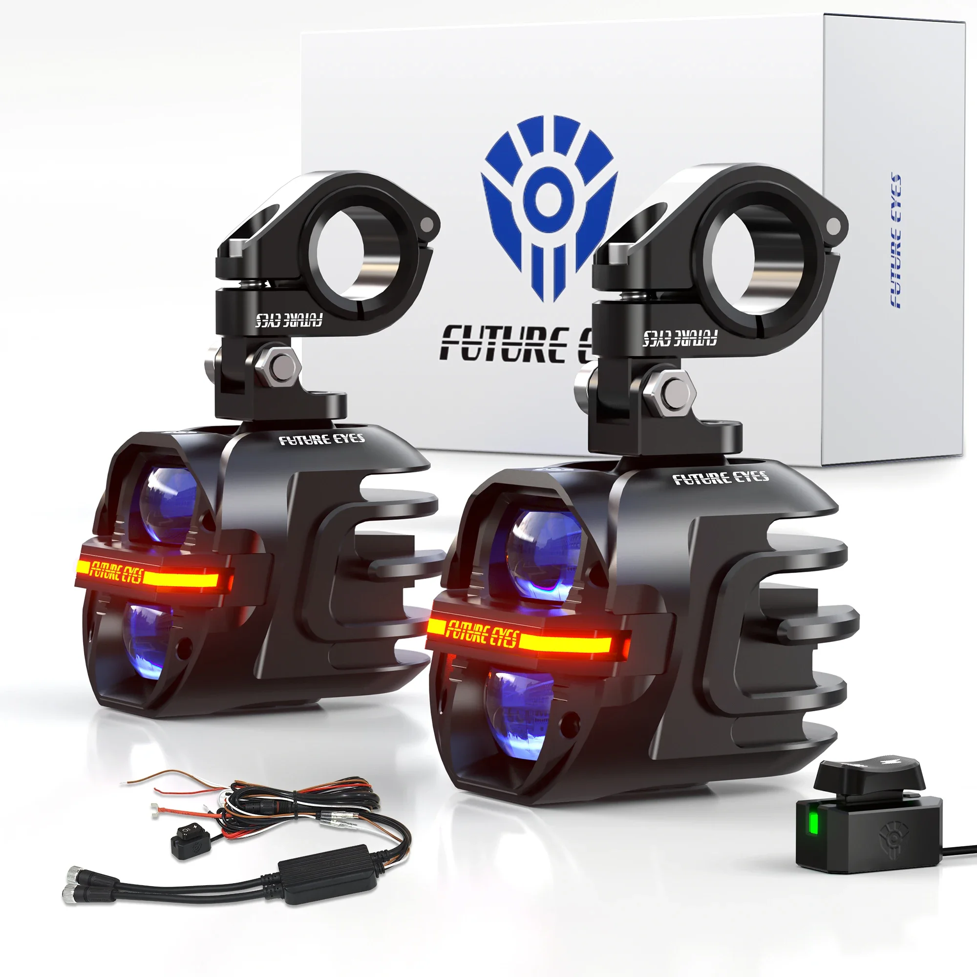 Future Eyes X80 - 120W LED Motorcycle Fog Lights, Amber & White Auxiliary Driving Lights with DRL & Strobe, Waterproof Headlight