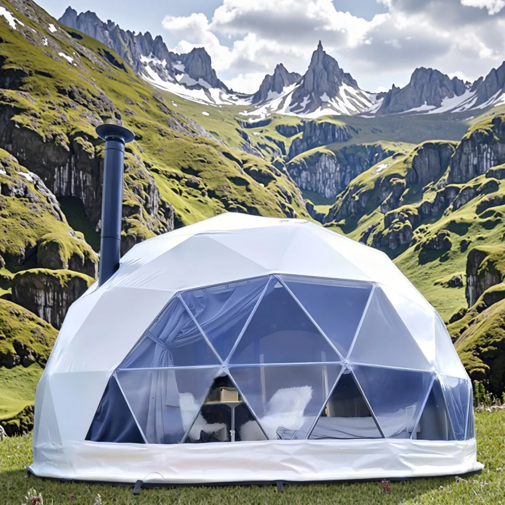 7m-13m Fire Retardant Waterproof UV-resistant Geodesic Dome Tent Igloo Glamping with Bathroom Stove and Wood Deck for Resorts