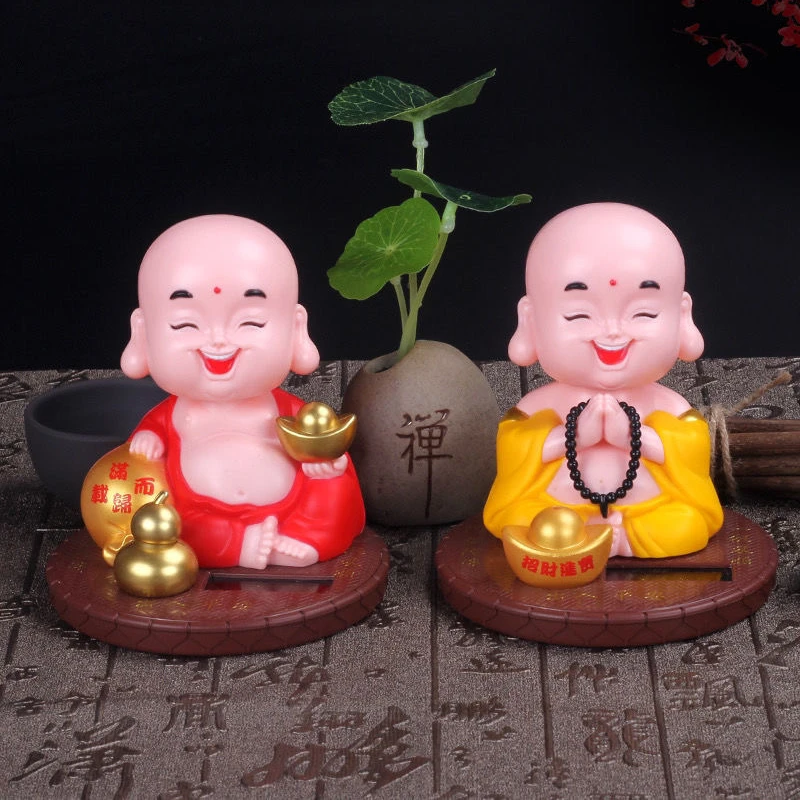 Solar Cute Buddha Wealth Mascot Ornaments Home Room Decor, Feng Shui Nod Maitreya Buddha Monk Figurine Car Interior Decoration