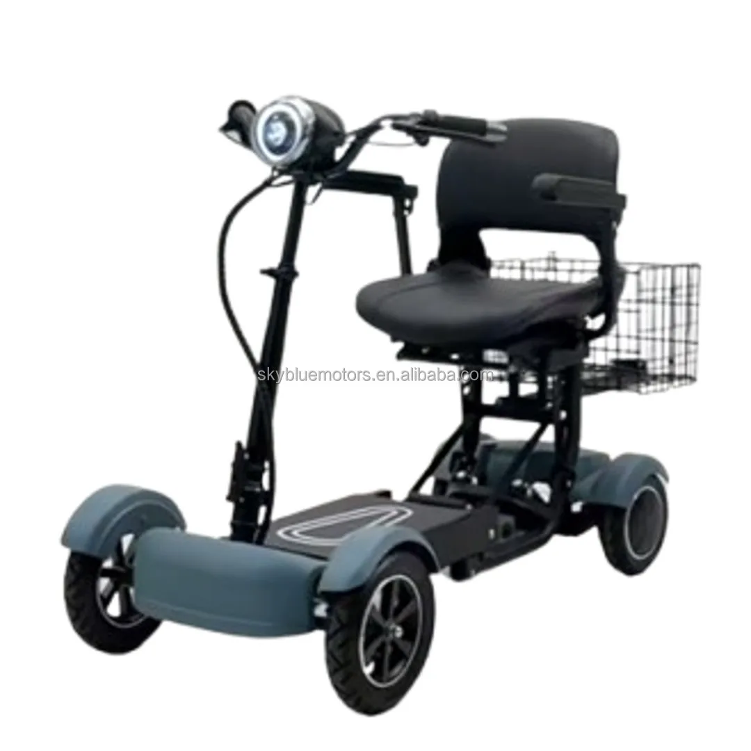 Small Blue Foldable 4-Wheel Electric Scooter with Basket, Lightweight Body, for Seniors and People Suffering from Foot Injuries