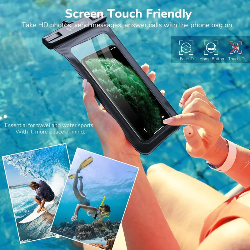 2PCS Beach Necessities Phone Pouch, IPX8 Certified 30m Waterproof Bag for Travel Swimming, HD Touch & Photo, Black+Cyan