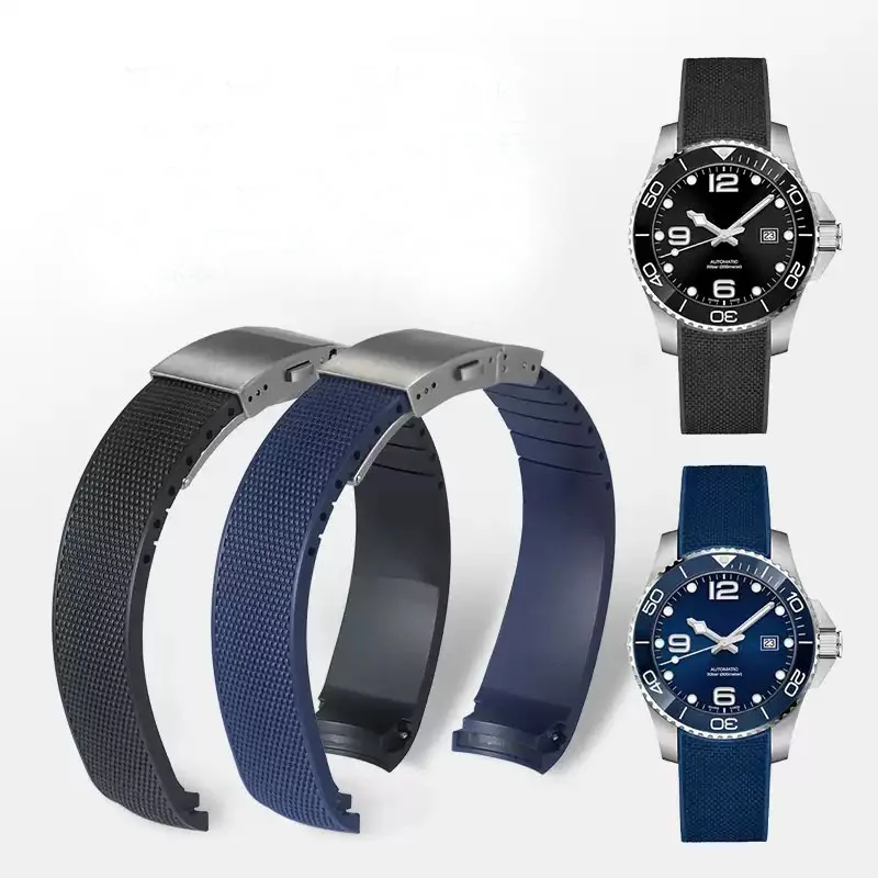 21mm Soft Rubber Silicone Watch Strap Folding Buckle Watchband For Longines Conquest Hydro Conquest L3 Black Accessories